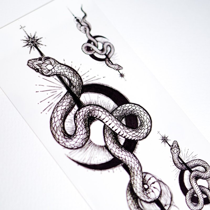 手绘神秘风暗黑月亮蛇刺青纹身贴纸持久防水防敏夏天中性型格动物 - 纹身贴 - 纸 黑色