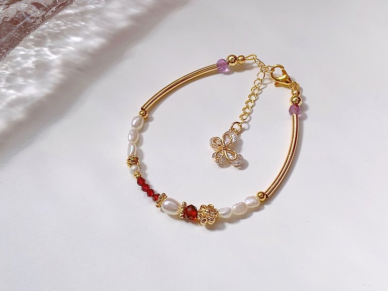 半宝石 手链/手环 红色 - 天然石串珠手链 | 石榴石、紫萤石、珍珠