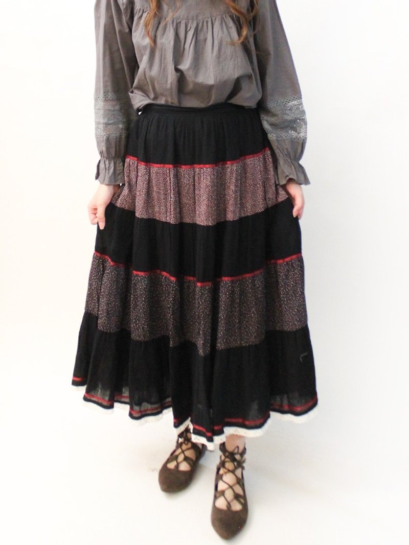 复古春夏欧洲典雅小碎花点点拼接黑色古着长裙Vintage Skirt - 裙子 - 聚酯纤维 黑色