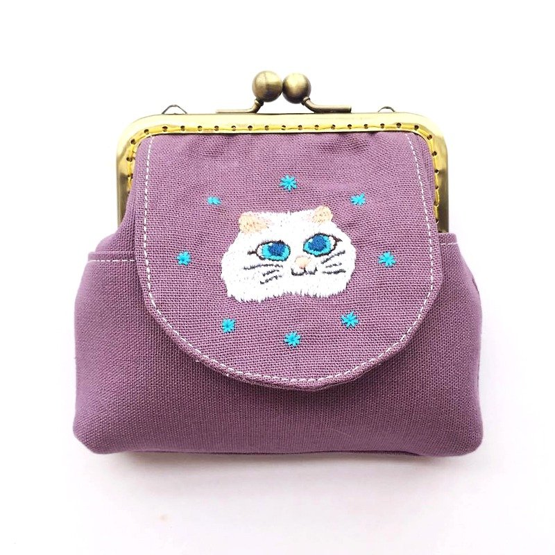 刺绣猫口金多用包 - 皮夹/钱包 - 棉．麻 紫色