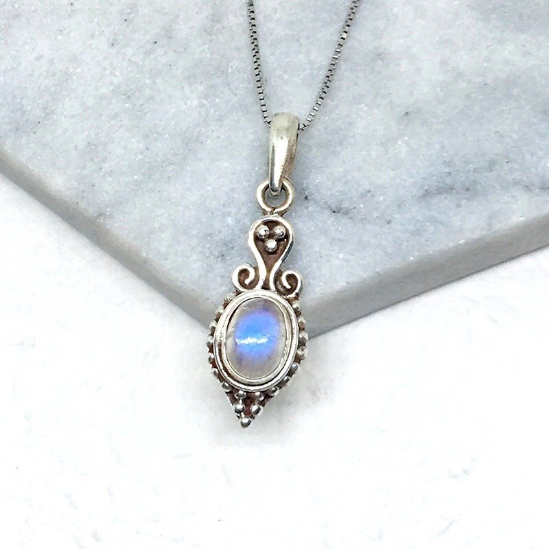 月光石925纯银异国古典设计项链 尼泊尔手工镶嵌制作 - 项链 - 宝石 蓝色
