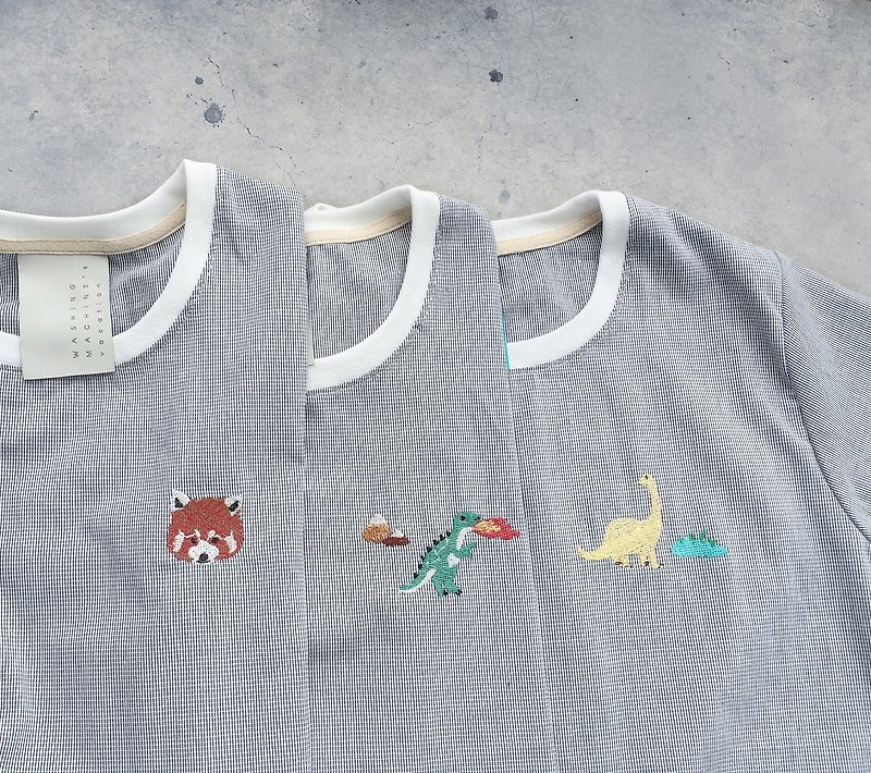 T rex / Bronto / Red Panda  embroidery - cropped top shirt - 女装上衣 - 棉．麻 灰色