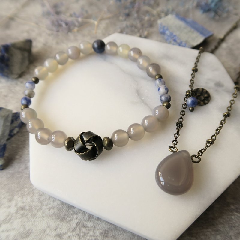 优惠之选 -- 灰玛瑙 蓝纹石(苏打石) 水滴 项链 +手链 中性 礼物 - 项链 - 宝石 灰色