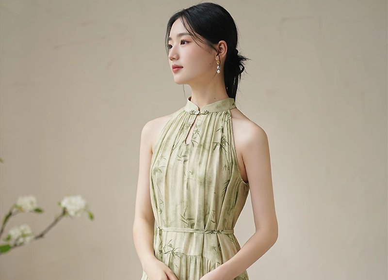 夏鸣 新中式复古中國風 挂脖气质改良旗袍 - 洋装/连衣裙 - 丝．绢 绿色