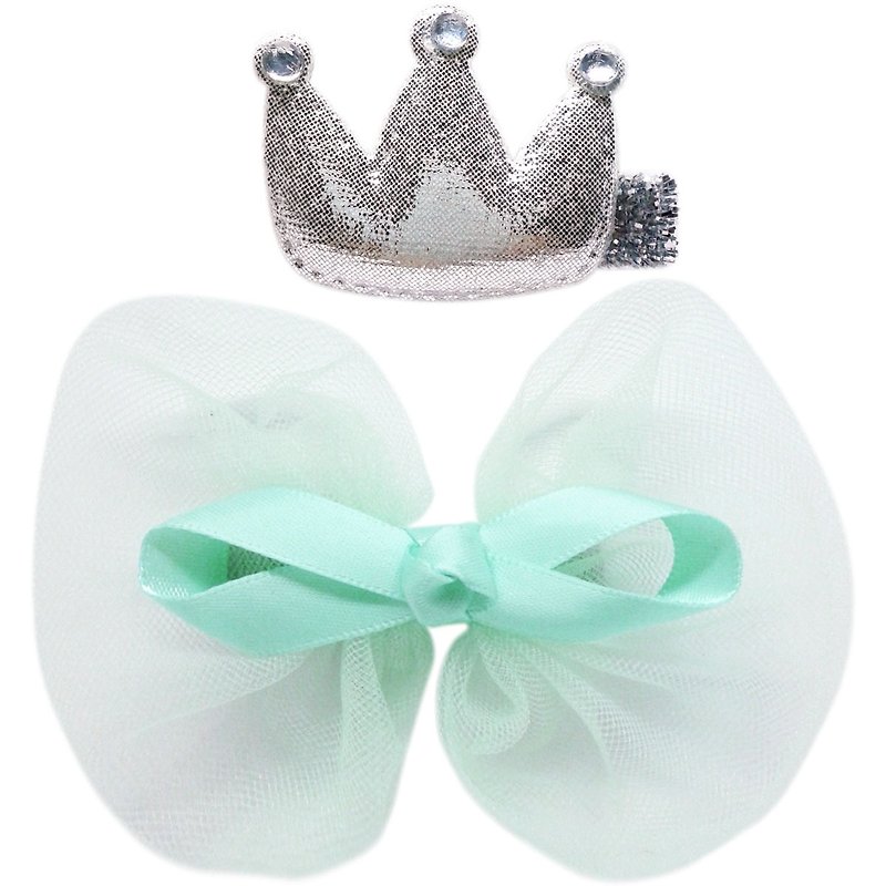 皇冠与雪纺蝴蝶结发夹两入组 全包布手工发饰Crown & Bow-Mint - 发饰 - 聚酯纤维 绿色