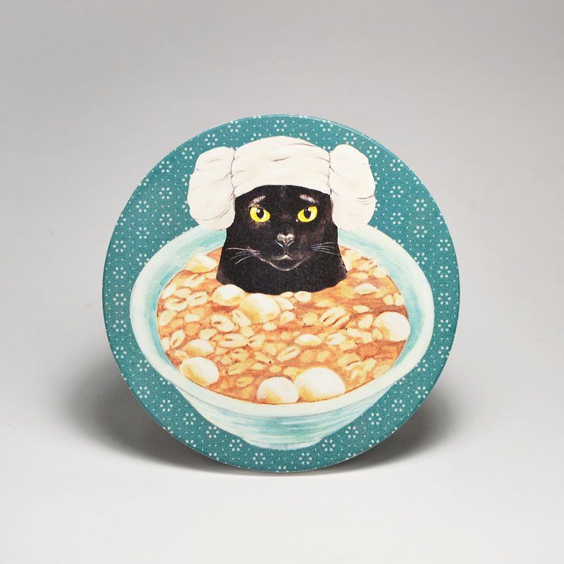 吸水陶瓷杯垫-黑猫泡花生汤圆(送贴纸)(可加购定制文字) - 杯垫 - 陶 绿色