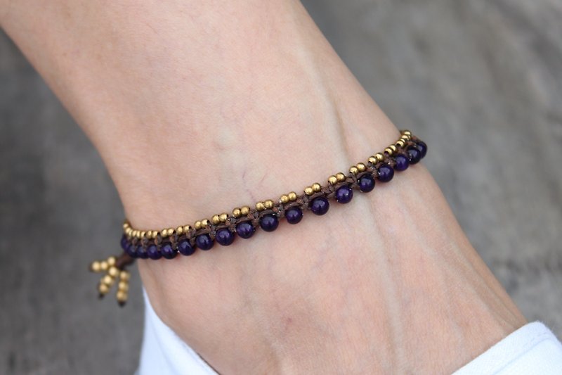 Macrame编织脚链紫水晶黄铜石嬉皮脚踝手镯 - 脚链/脚环 - 铜/黄铜 紫色