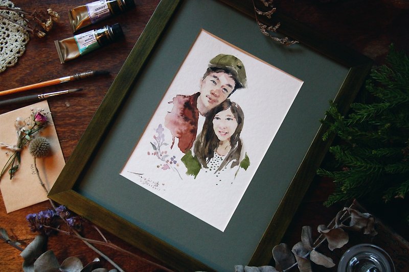日系水彩 手绘定制情侣肖像画 似颜绘 生日 情人 结婚 圣诞人物画 - 订制画像 - 纸 绿色