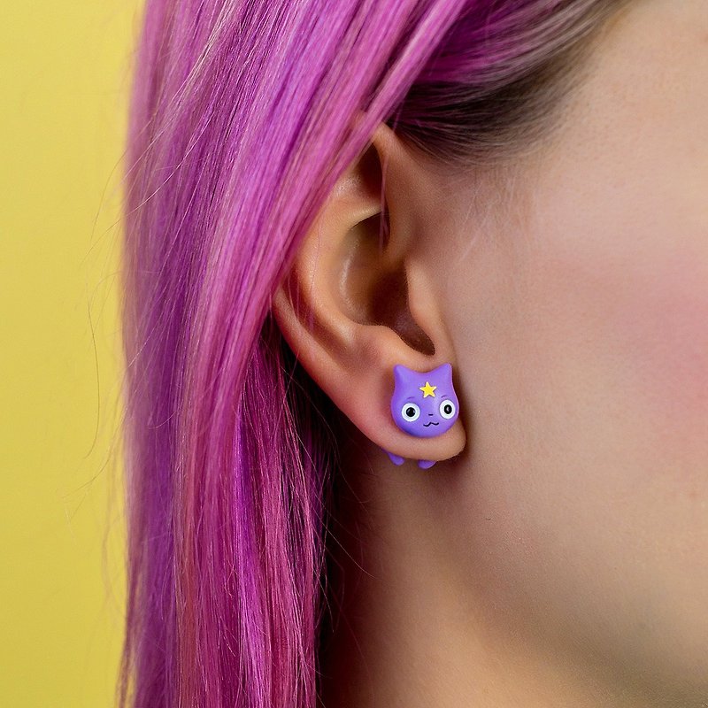 Purple Cat Earrings - Polymer Clay Cat Earrinngs, Fake Gauge / Fake Plug - 耳环/耳夹 - 粘土 紫色