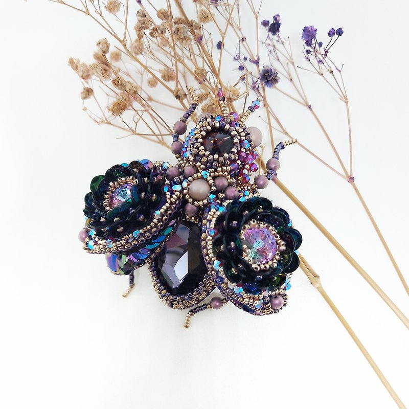 珠宝刺绣立体水晶昆虫胸针-紫濂 - 胸针 - 其他材质 紫色