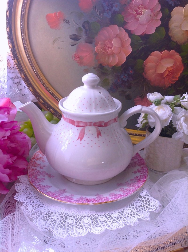 英国陶器 1947s 红色蝴蝶结圆点花茶壶, 咖啡壶~指定买家下标 - 茶具/茶杯 - 瓷 粉红色