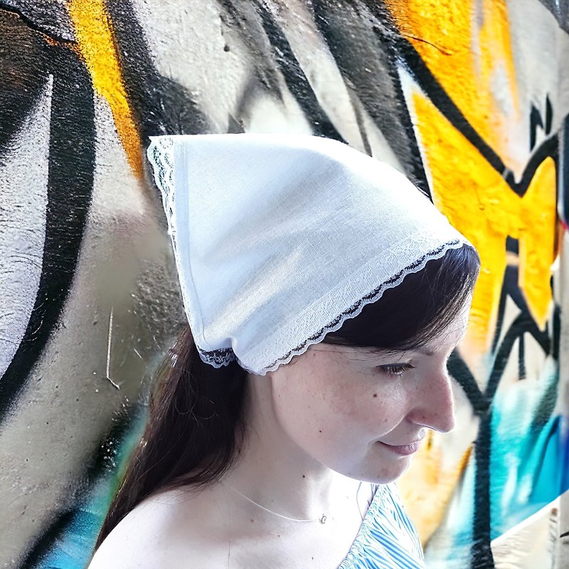 三角头巾、蕾丝和领带的白色头巾亚麻麻、沙滩发头巾 - 丝巾 - 亚麻 白色