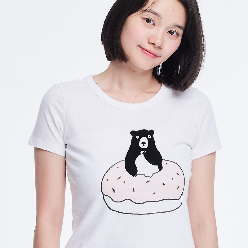 熊愛甜甜圈 短袖 蜜桃棉 女T 白色 - 女装 T 恤 - 棉．麻 白色