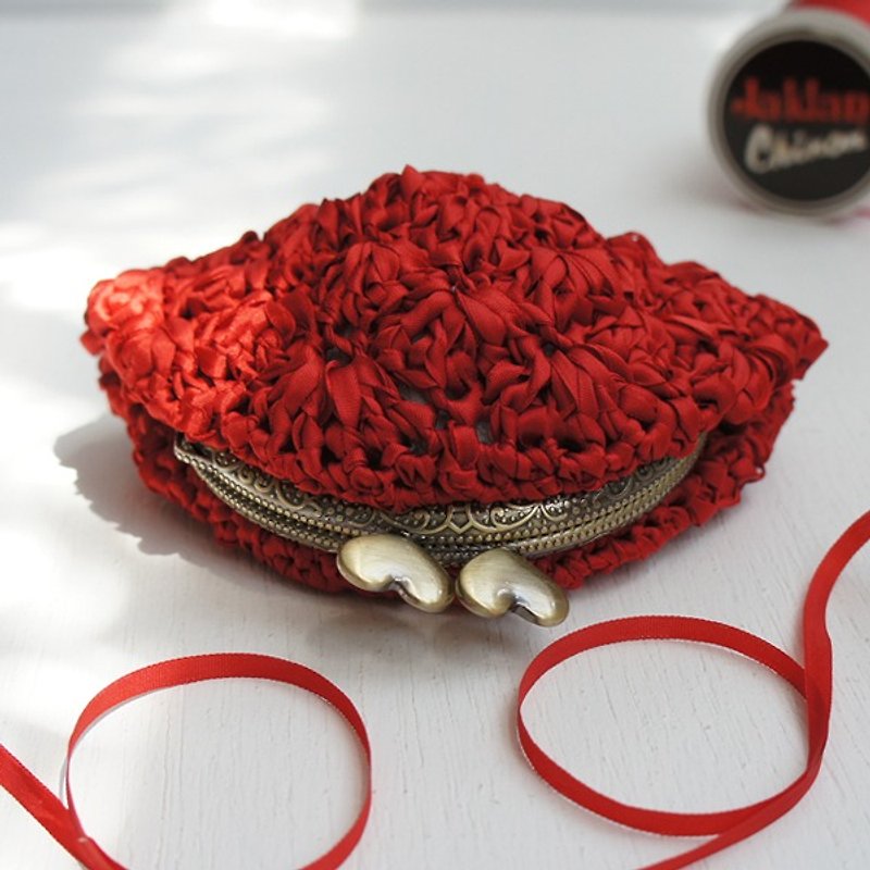Ba-ba handmade  Ribbon yarn crochet coinpurse No.C938 - 化妆包/杂物包 - 其他材质 红色