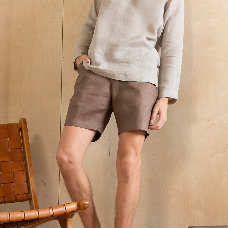 Brown mens linen shorts, WEEKDAY Solstice bermuda shorts, light weight pants - 女装短裤 - 棉．麻 咖啡色