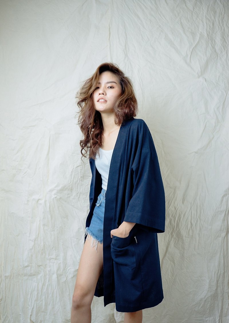Navy Blue Kimono Jacket - 女装休闲/机能外套 - 棉．麻 蓝色