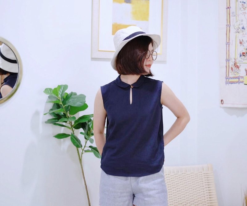 Hallow shirt : Navy - 女装短裤 - 棉．麻 蓝色