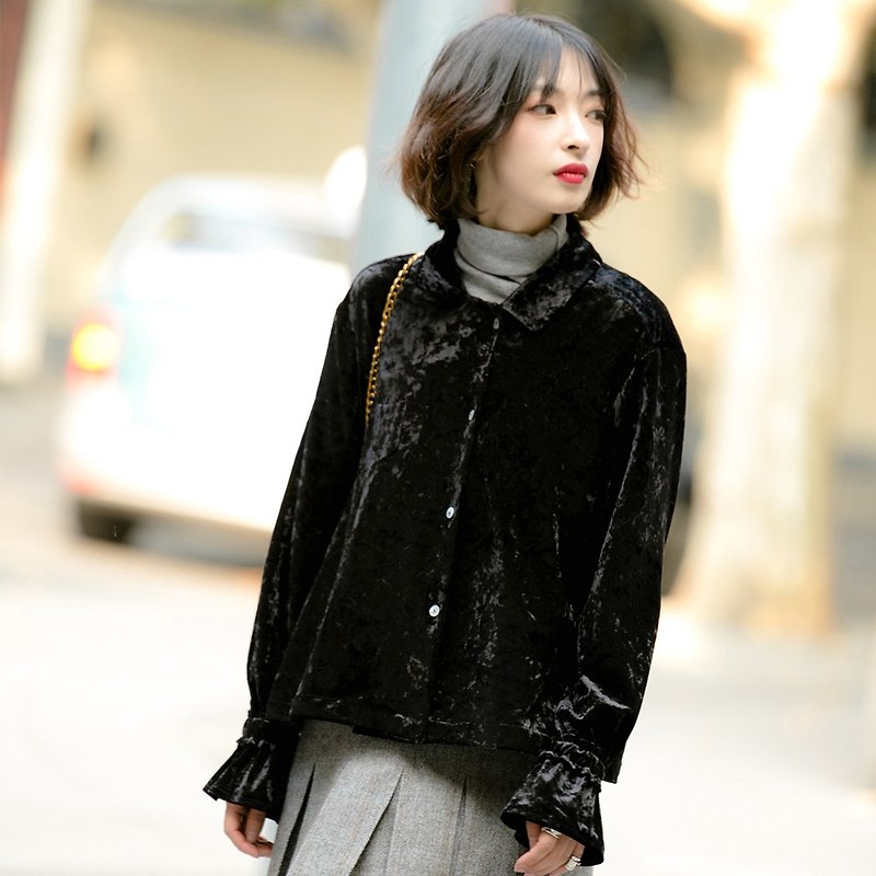 丝绒喇叭袖衬衫|上衣|冬款|聚酯纤维|Sora-398 - 女装上衣 - 聚酯纤维 黑色