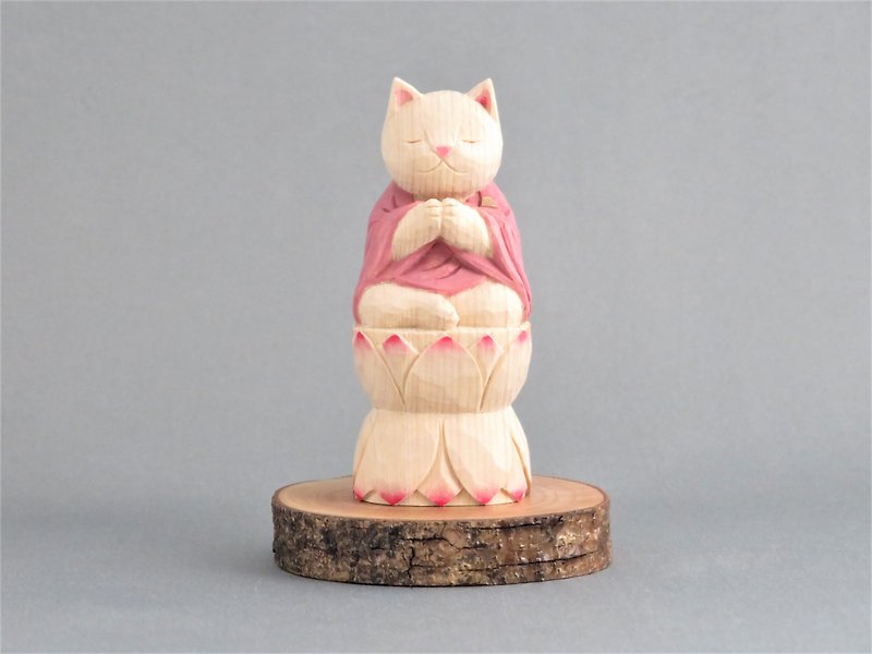 木彫りの合掌猫　袈裟を着た猫仏さま　仏像ねこ021221 - 玩偶/公仔 - 木头 白色