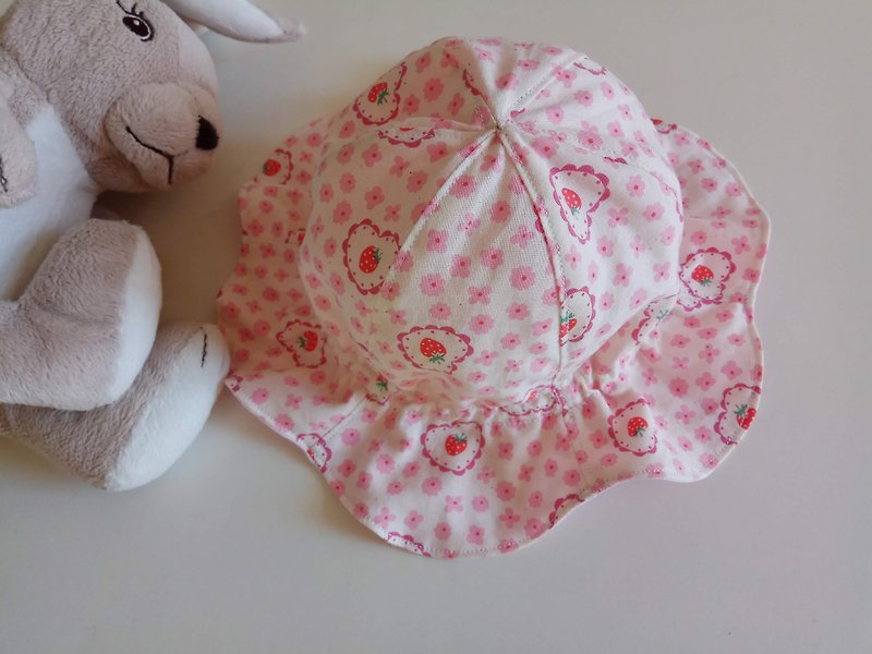 花形婴儿帽 荷叶边帽 婴儿帽 遮阳帽 - 满月礼盒 - 棉．麻 粉红色