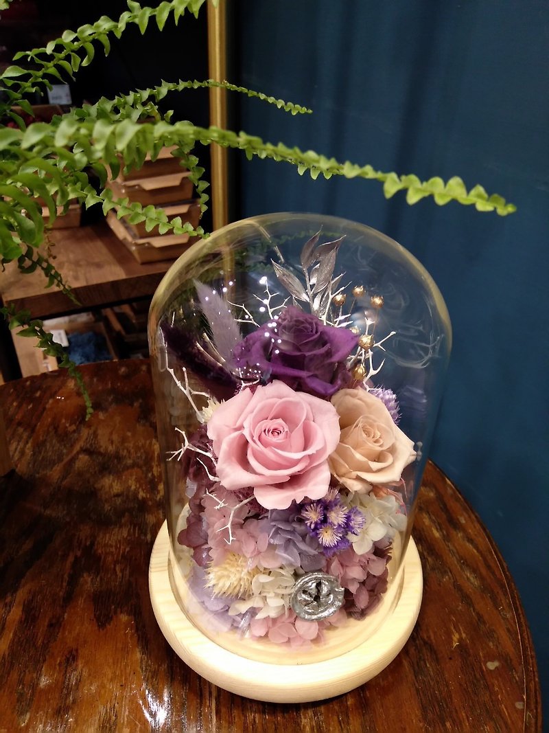 【遇见恒久】粉紫永生花玻璃罩(附盒)+可加购刻字服务 - 干燥花/捧花 - 植物．花 