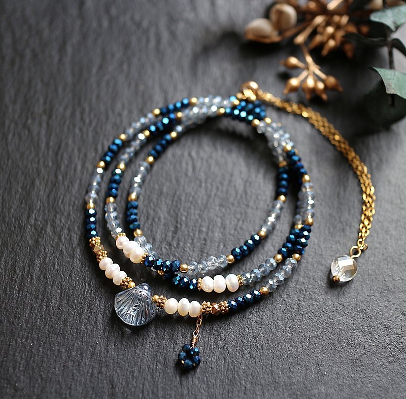 不锈钢玻璃珍珠三层调节式手链项链两用链蓝色 - 手链/手环 - 玻璃 蓝色