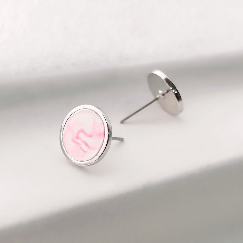 粉红涟漪 粉白渲染 银框 全手工耳环 - 耳环/耳夹 - 其他金属 粉红色
