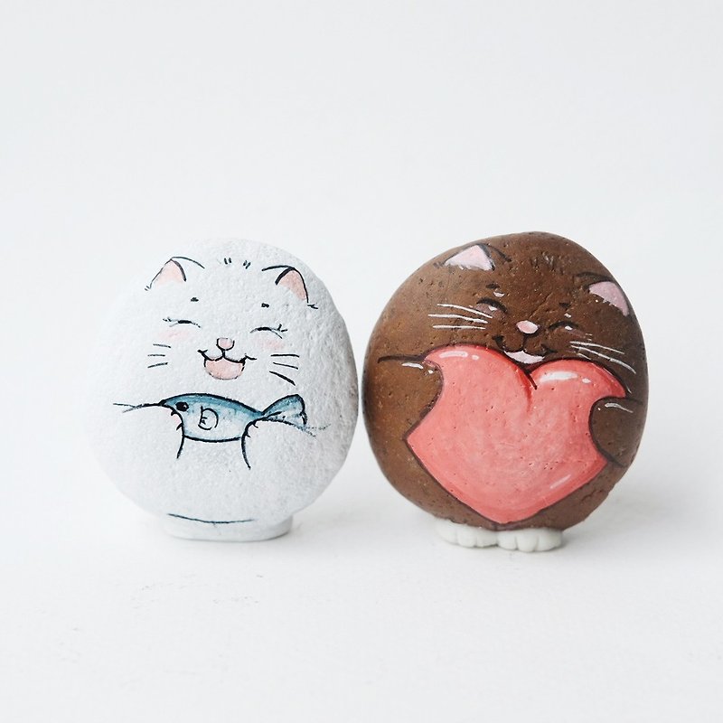 Cat couple and food stone painting,original art.