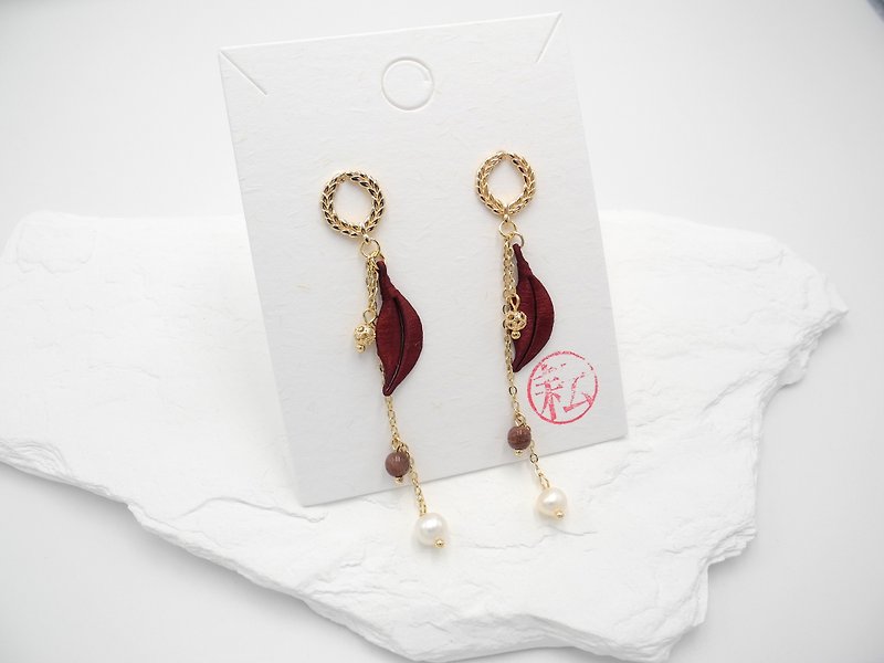 【喜悦】缠花耳环 红发晶 珍珠 925银 - 耳环/耳夹 - 绣线 红色
