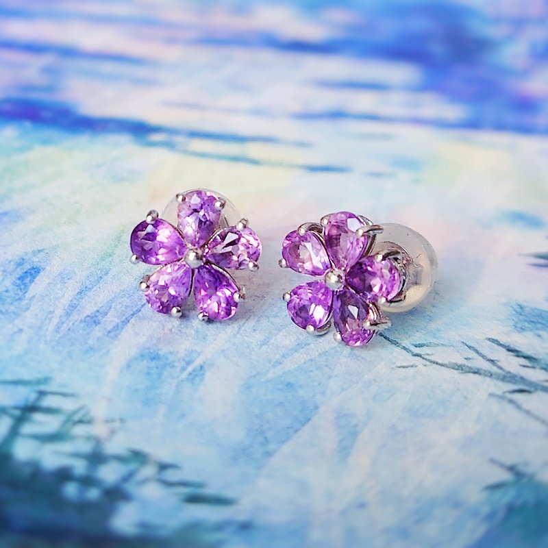 紫晶花花纯银耳环 - 耳环/耳夹 - 半宝石 紫色