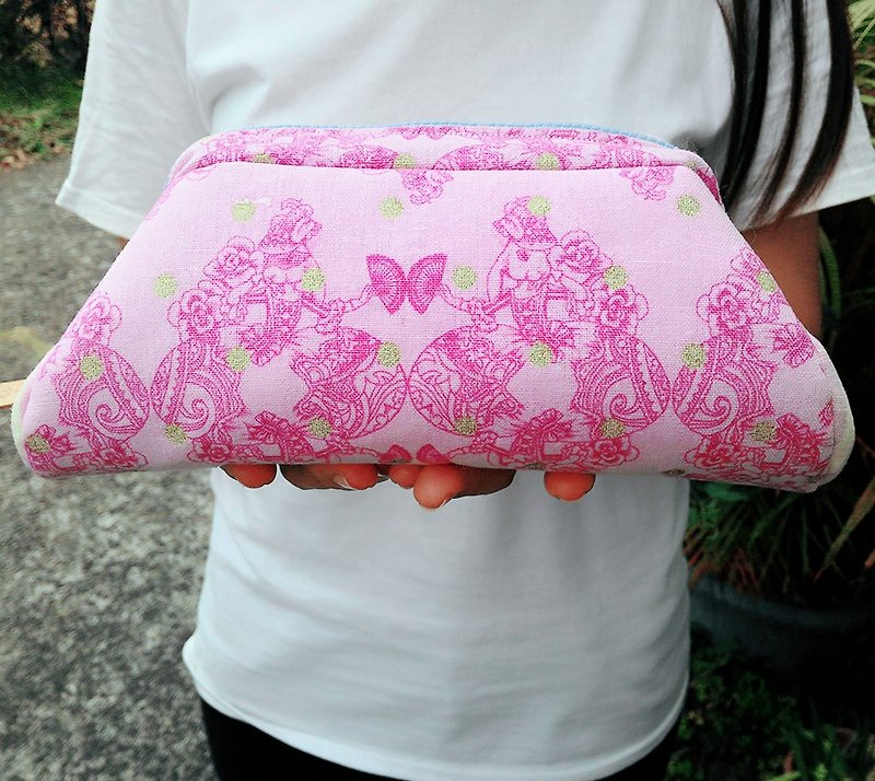 棉．麻 化妆包/杂物包 粉红色 - 兔子女爵大口支架口金包 化妆包 文具包 工具包