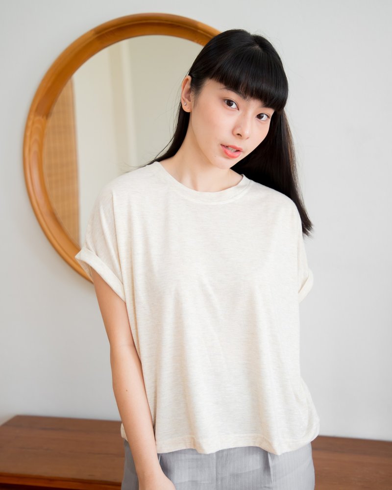 棉．麻 女装 T 恤 卡其色 - Basic T-shirt (Short sleeved) - Natural beige