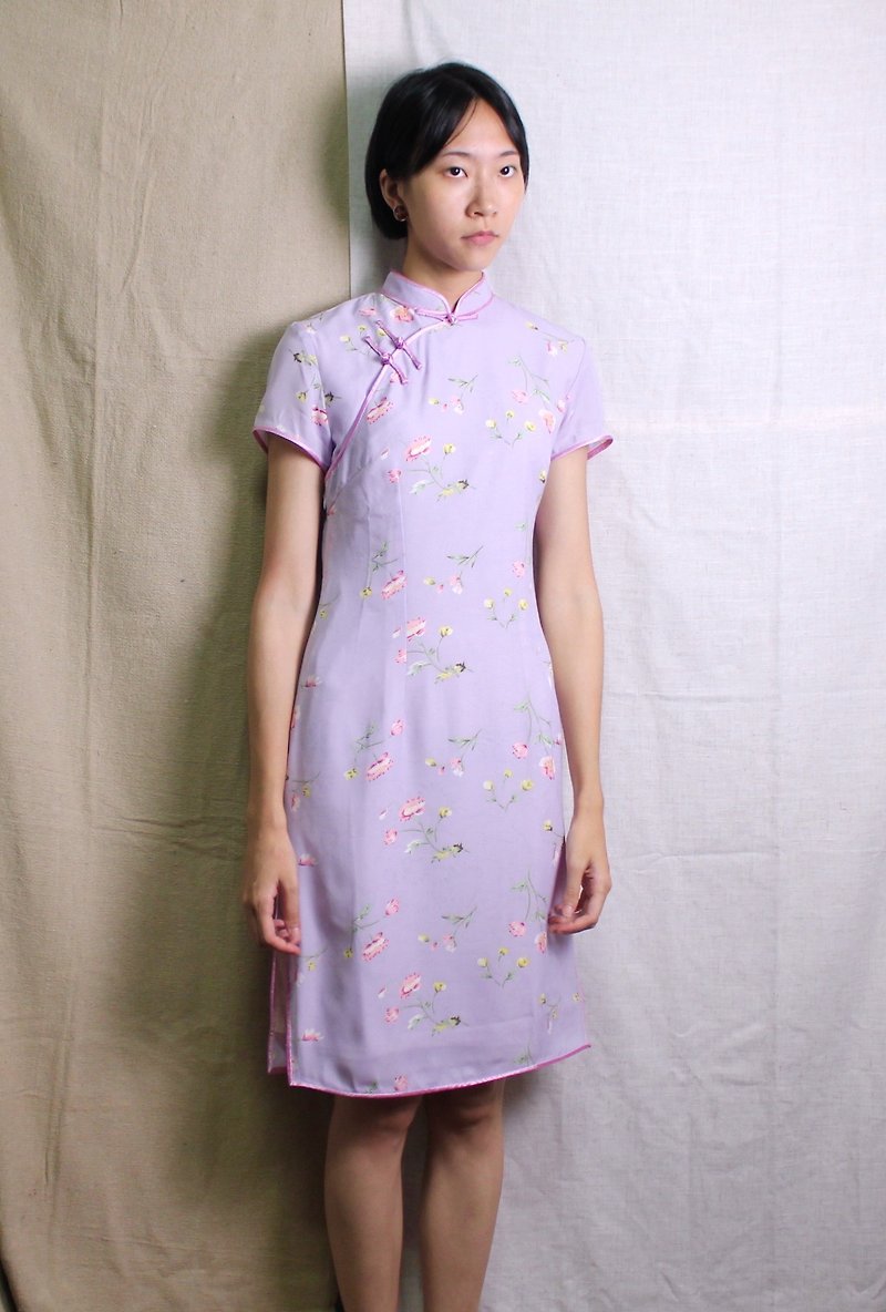 FOAK古着 浅紫幽梦花绘中式旗袍 - 洋装/连衣裙 - 其他材质 
