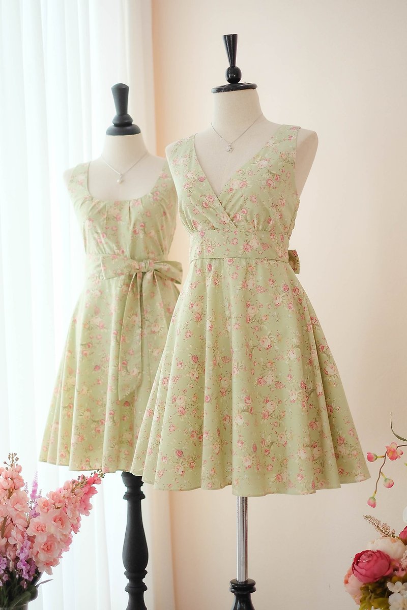 Dusty Green Floral Sundress Spring Summer Tea Dress Vintage Inspired - 洋装/连衣裙 - 其他材质 绿色