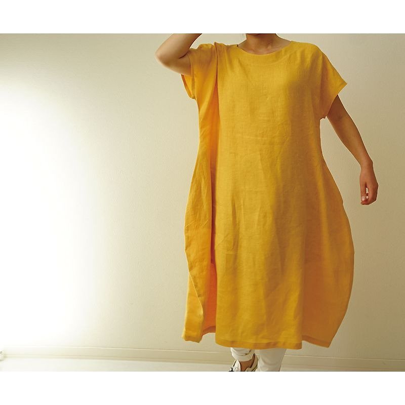【wafu】 雅亜麻(Gaama) linen 100%   French sleeve  Cocoon one piece  / 藤黄touou(Yellow-coloured) a41-18 - 洋装/连衣裙 - 棉．麻 黄色