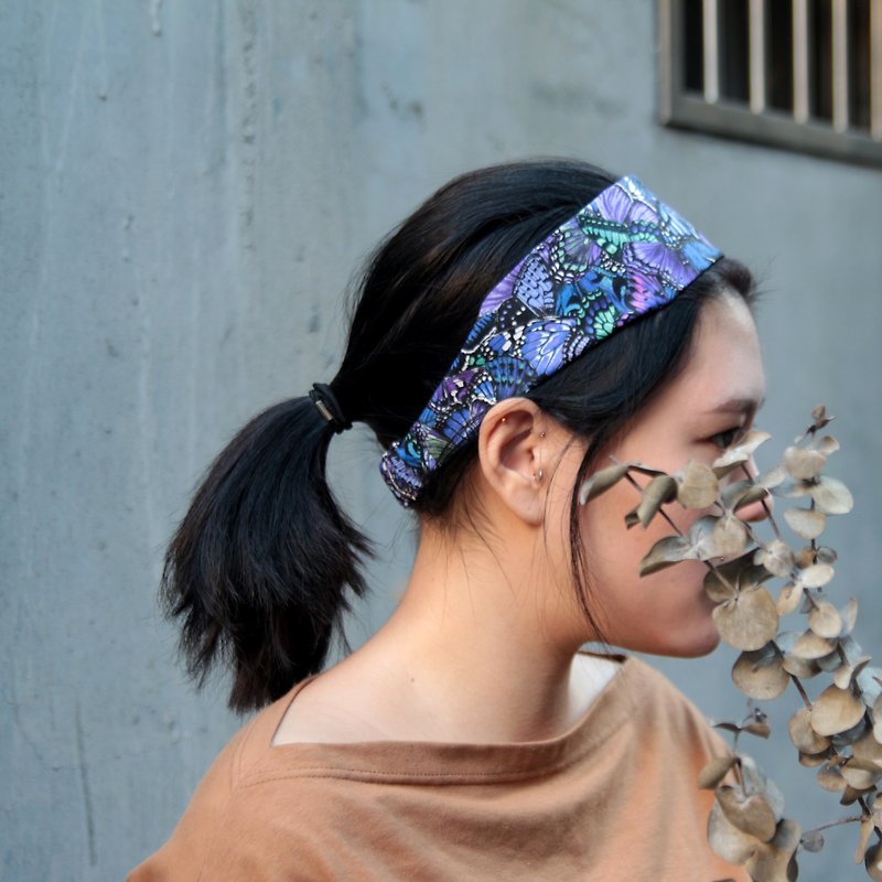 倒逆的蝶／紫色手工一字松紧发带_The Inversed Butterfly//cotton/Taiwan single elastic hair band - 发饰 - 棉．麻 紫色
