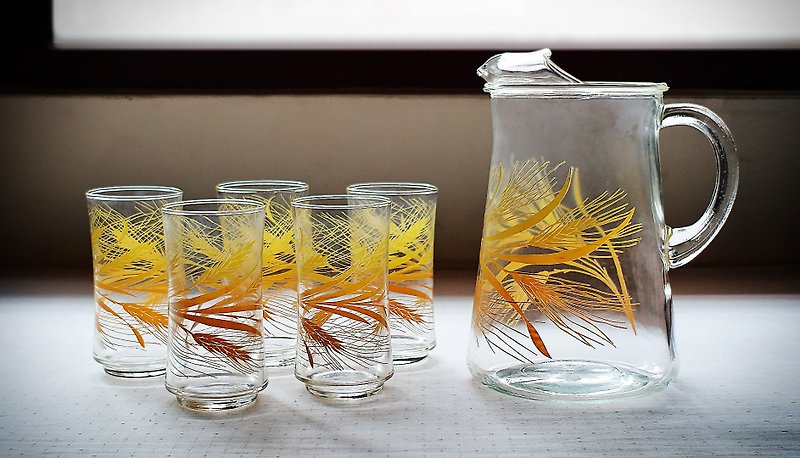 早期Libbey冷水杯壶套组-金黄麦穗 (餐具/旧物/玻璃) - 茶具/茶杯 - 玻璃 黄色