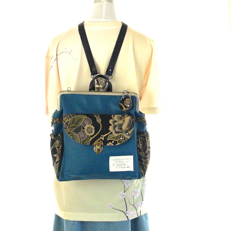  3 WAY Left zipper compact Japanese pattern backpack Blue Green × Black Rose - 后背包/双肩包 - 真皮 蓝色