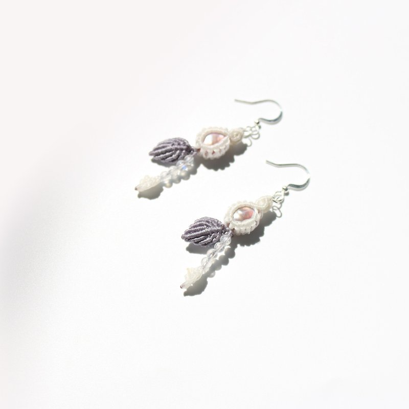 天然石珍珠x月光石自然叶子蜡线耳环 - 耳环/耳夹 - 珍珠 紫色