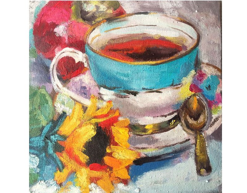 茶杯油画向日葵艺术品茶画 20 x 20 厘米花卉墙艺术 - 海报/装饰画/版画 - 其他材质 黄色