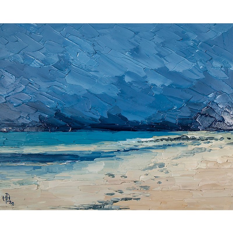 Seascape Painting Beach Original Art Minimalist Oil Painting 油畫原作 海景風景畫 - 海报/装饰画/版画 - 其他材质 蓝色