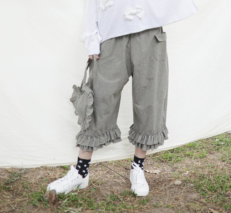 灰色花边休闲裤 - imakokoni - 女装长裤 - 棉．麻 灰色
