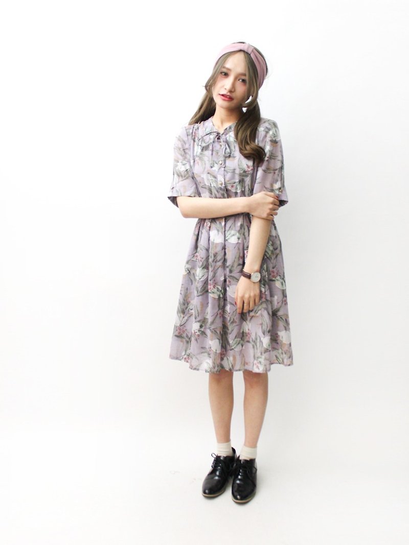 【RE0322D996】日本制复古花朵灰紫色亚麻短袖春夏古着洋装 - 洋装/连衣裙 - 聚酯纤维 紫色