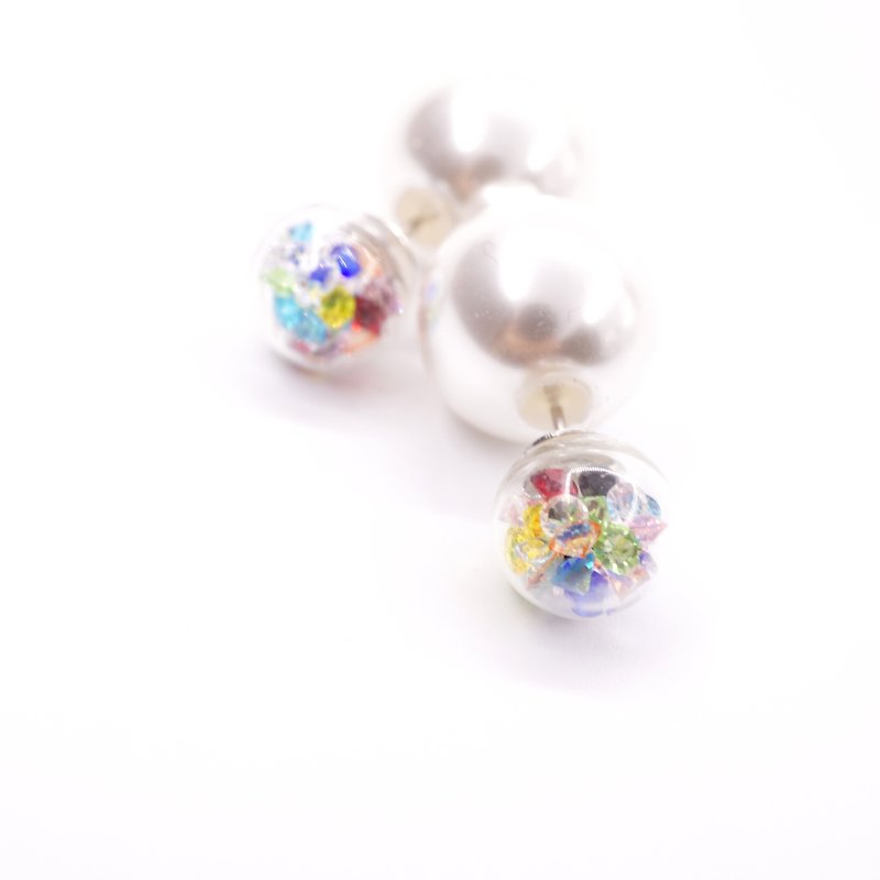 A Handmade 彩虹色调水晶玻璃球配大珍珠前后耳钉