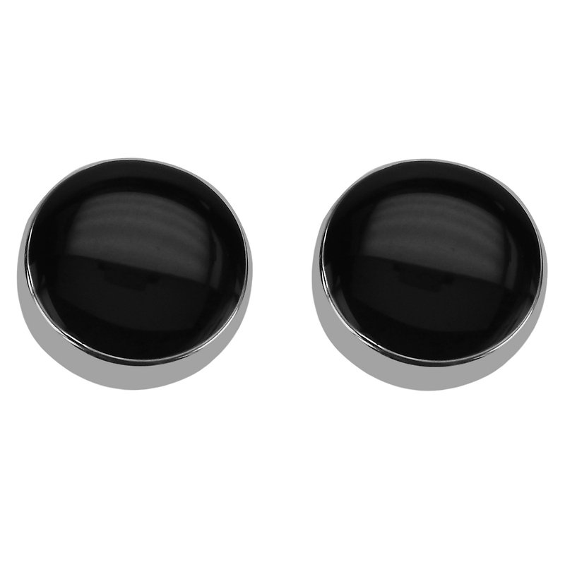银色圆形黑色珐琅纽扣盖 - 袖扣 - 其他金属 黑色