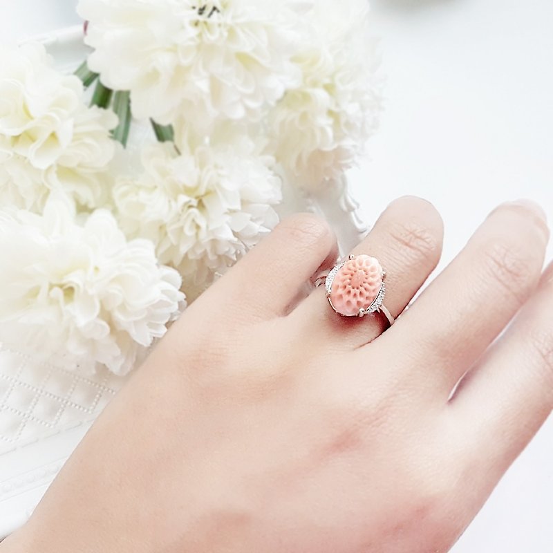绽放。天然珊瑚925银戒指  食指戒  戒围可调 - 戒指 - 纯银 粉红色