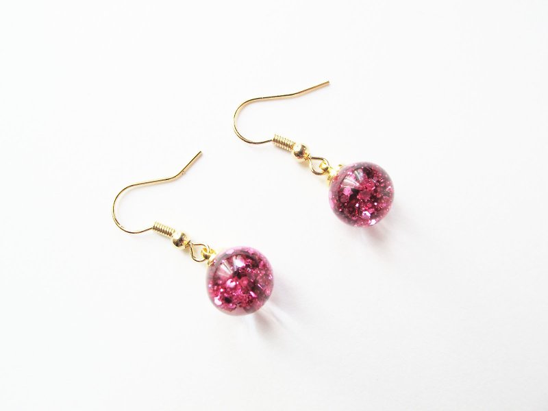 Rosy Garden 甜蜜糖果粉红色流动亮片流动水晶玻璃球钩式耳环 可换夹式 - 耳环/耳夹 - 玻璃 粉红色