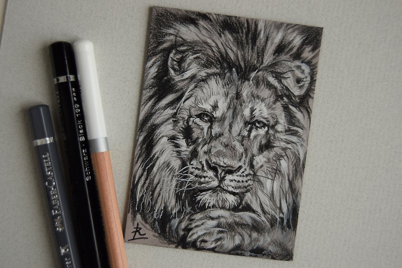 Lion, aceo original, mini painting, art, colored pencils drawing, wild cats - 墙贴/壁贴 - 纸 