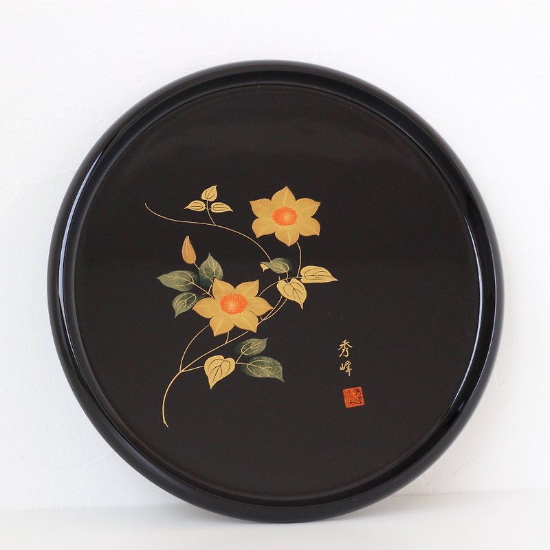 Urushi tray, Obon, Japanese Urushi, floral tray, Aizunuri, vintage Japanese/3858 - 托盘/砧板 - 其他材质 黑色