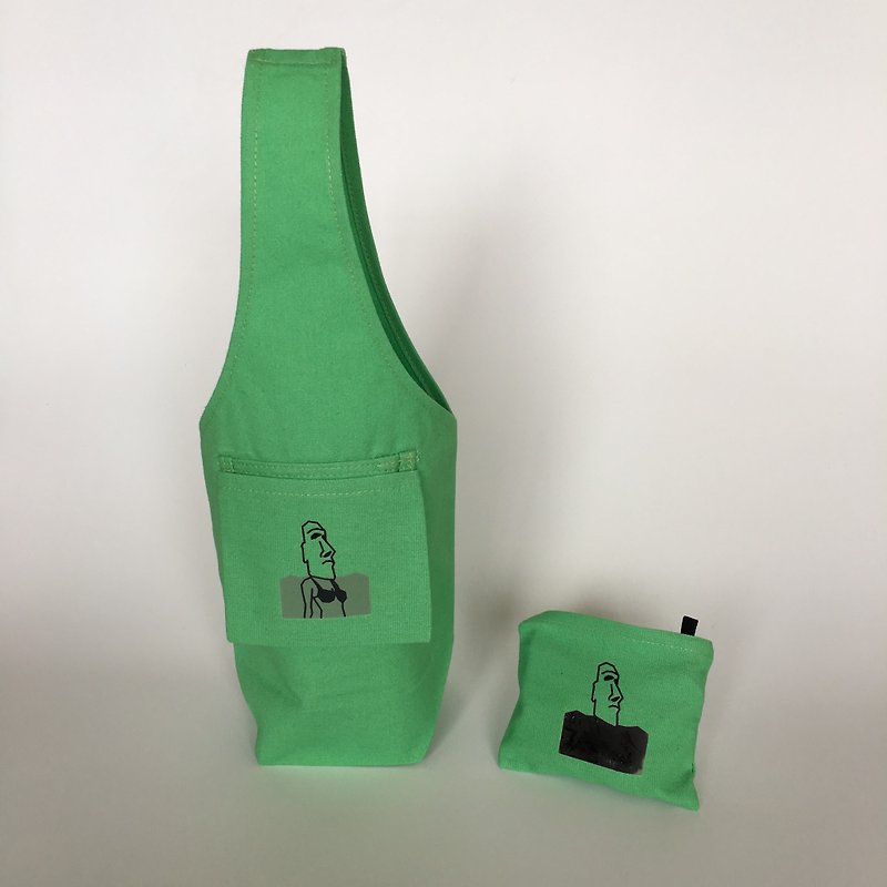 YCCT 环保饮料提袋包覆款 - 清新绿小魔女 ( 冰霸杯/梅森瓶/保温瓶 ) 专利收纳/感温变化 摩艾石像杯套 - 水壶/水瓶 - 棉．麻 绿色